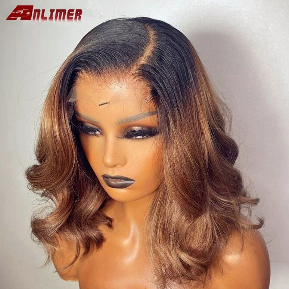 Ombre Marrón Oscuro Onda Corto Bob 13x4 Encaje Frontal Pelucas de Cabello Humano Virgen Brasileña Foto 2 de 4