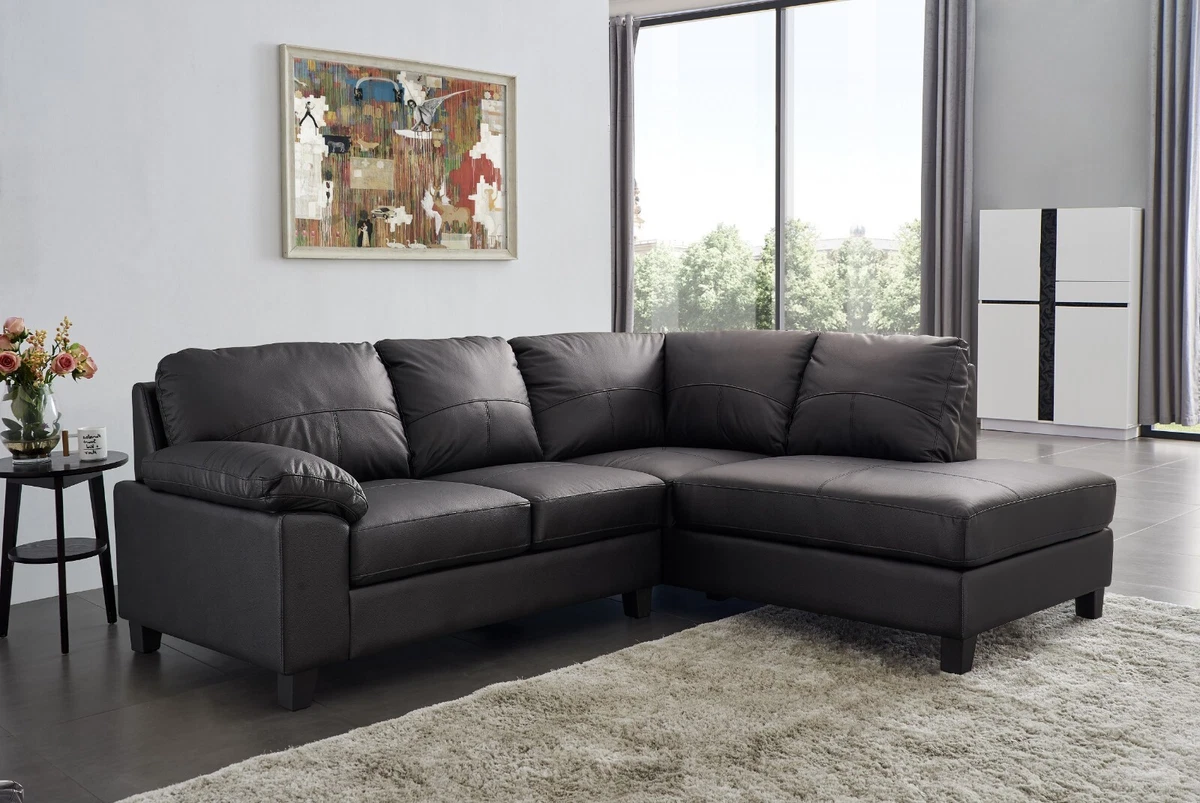 Black High Grade Genuine Leather Corner Sofa RH Facing USB BOSTON