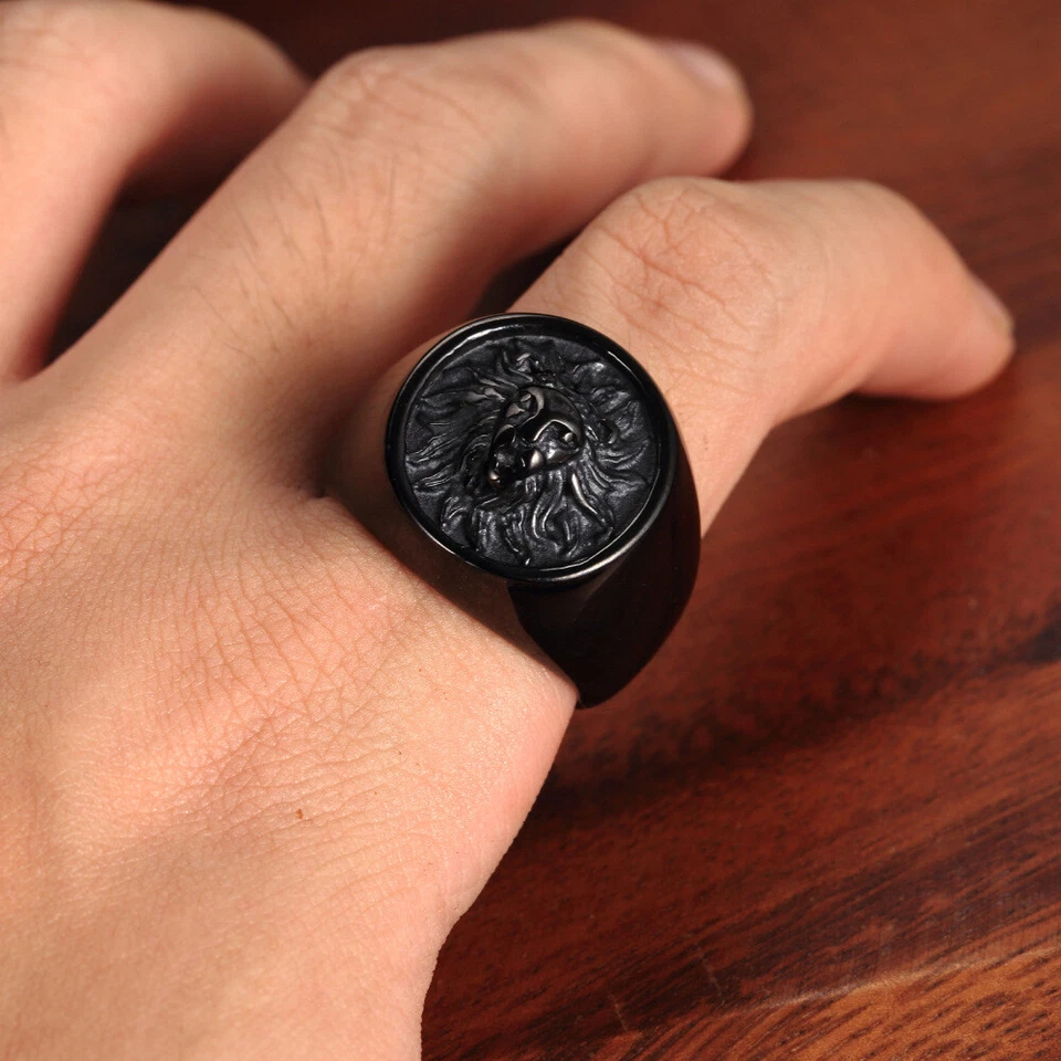 Винтажный черный лев круглый печатка кольцо из нержавеющей стали лев эмблема кольцо мотоциклиста панк - Изображение 3 из 4