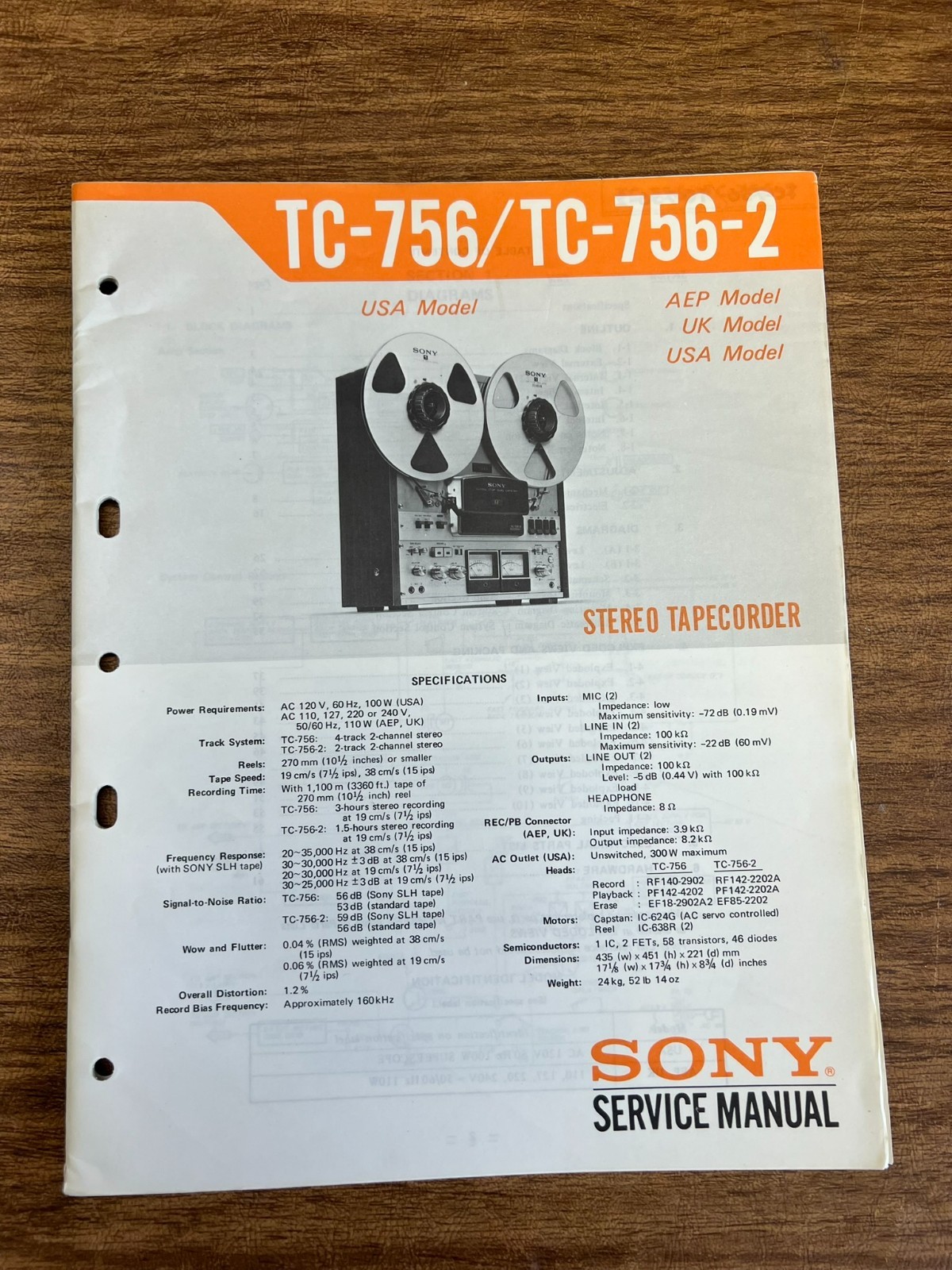 Original SONY TC-756/TC-756-2 Stereo Tapecorder Service Manual / Schematic