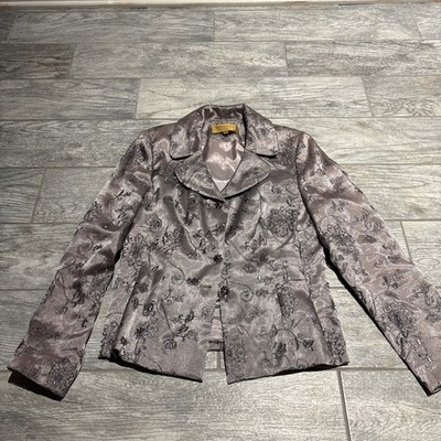 Bergamo by EBI Sz 6 Metallic Embroidered Silver Organza Formal Jacket Skirt Suit