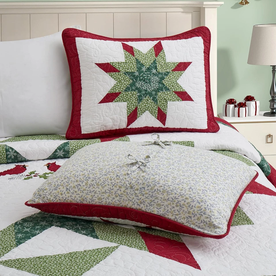Рождественский комплект постельного белья стеганое одеяло королевский размер 100% хлопок красная птица белая снежинка - Изображение 3 из 4