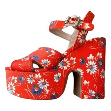 Miu Miu Gabardine Bouquet Red Floral Platform Sandals Size 39 NWT