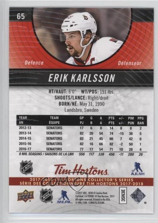 2017-18 Upper Deck Tim Hortons Collector's Series Erik Karlsson #65 - Image 2 of 2