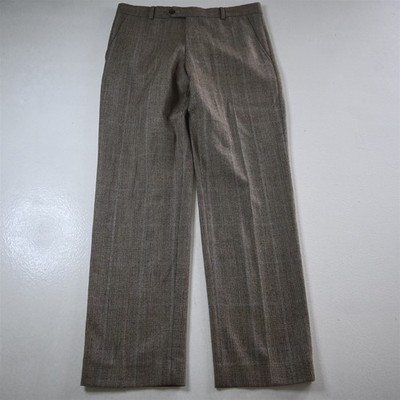 Stafford 30x30 Brown Glenn Check 100% Wool Flannel Flat Front Slim Dress Pants