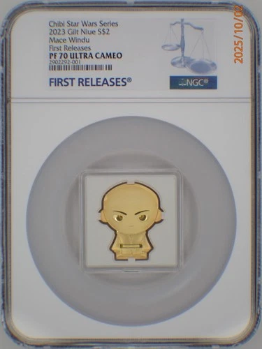 2023 NIUE 1 Oz .999 SILVER $2 STAR WARS GILT CHIBI MACE WINDU NGC FR PF70UC