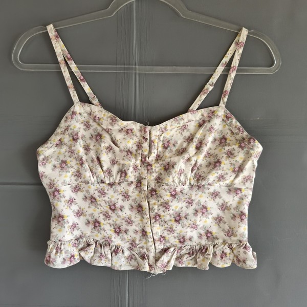 Factorie Floral Corset Crop Top Size M Smocked Back Hook Eye Ruffle Hem