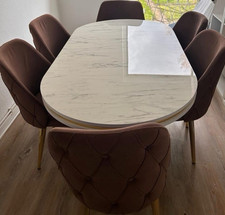 Ovales Esszimmer-Set, 6 Sitzplätze, modern, helles Holz, Kunststein, braun/weiß