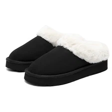 Women Slip-On House Slippers Faux Fur Collar Lining Soft Slippers
