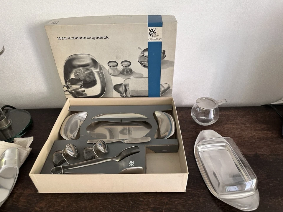 SF WMF gr. Frühstücksset Butterdose Zange Streicher Senf Cromargan Wagenfeld OVP - Bild 4 von 4