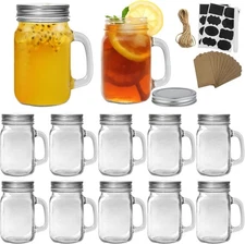 16 oz Mason Jars with Handle,Old Fashioned Drinking 16 Ounces, Clear/Silver 