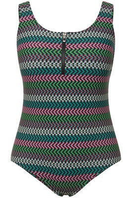 Ulla Popken Damen große Größen Badeanzug Streifen ohne Softcups Zipper