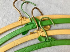 VTG 4 Wooden Clothes Hangers Vinyl Covered Yellow Green Closet Storage Retro
