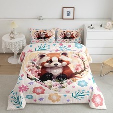 Red Panda Boys Girls Comforter Set,Nature Wild Animal Cherry Blossom Duvet Se...