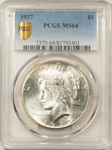 1927 $1 PEACE DOLLAR - PCGS MS-64, BLAST WHITE!