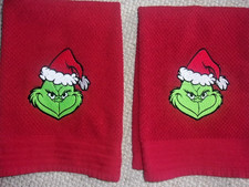 GRINCH WITH SANTA HAT EMBROIDERY RED HAND TOWELS SET OF 2