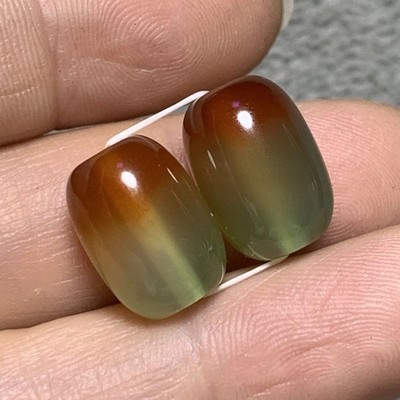 Natural Agate Red Green Barrel Beads Pair 13mm High 9.7mm Diameter Accessory