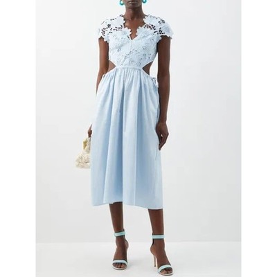 Self-Portrait Guipure Lace & Cotton Poplin Midi Dress Light Blue US Sz 6 UK  10 | eBay