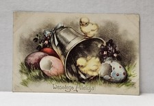 Chicks, Colored Eggs, Silver Bell Polish Easter Holiday Vintage Postcard Poland