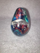 Hand Blown Art Glass Egg Shaped Paperweight Multicolored Swirl Bubble Vintage