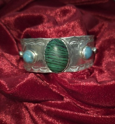 Artisan Sterling Silver Cuff With Vibrant Stones And Detailed Stamping