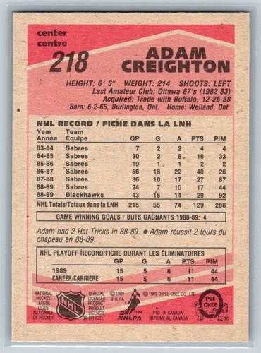 1989-90 O-Pee-Chee #218 Adam Creighton Chicago Blackhawks Rookie Hockey Card - Bild 2 von 2