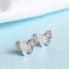 925 Sterling Silver Butterfly With Pave Cubic Zircon Stud Earrings Gift Box PE50