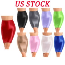 Womens High Waist Bodycon Skirts Girl Shiny Glossy Pencil Miniskirt Clubwears
