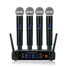 Professional 4 Channel VHF Wireless Four Microphone Cordless Handheld Mic System