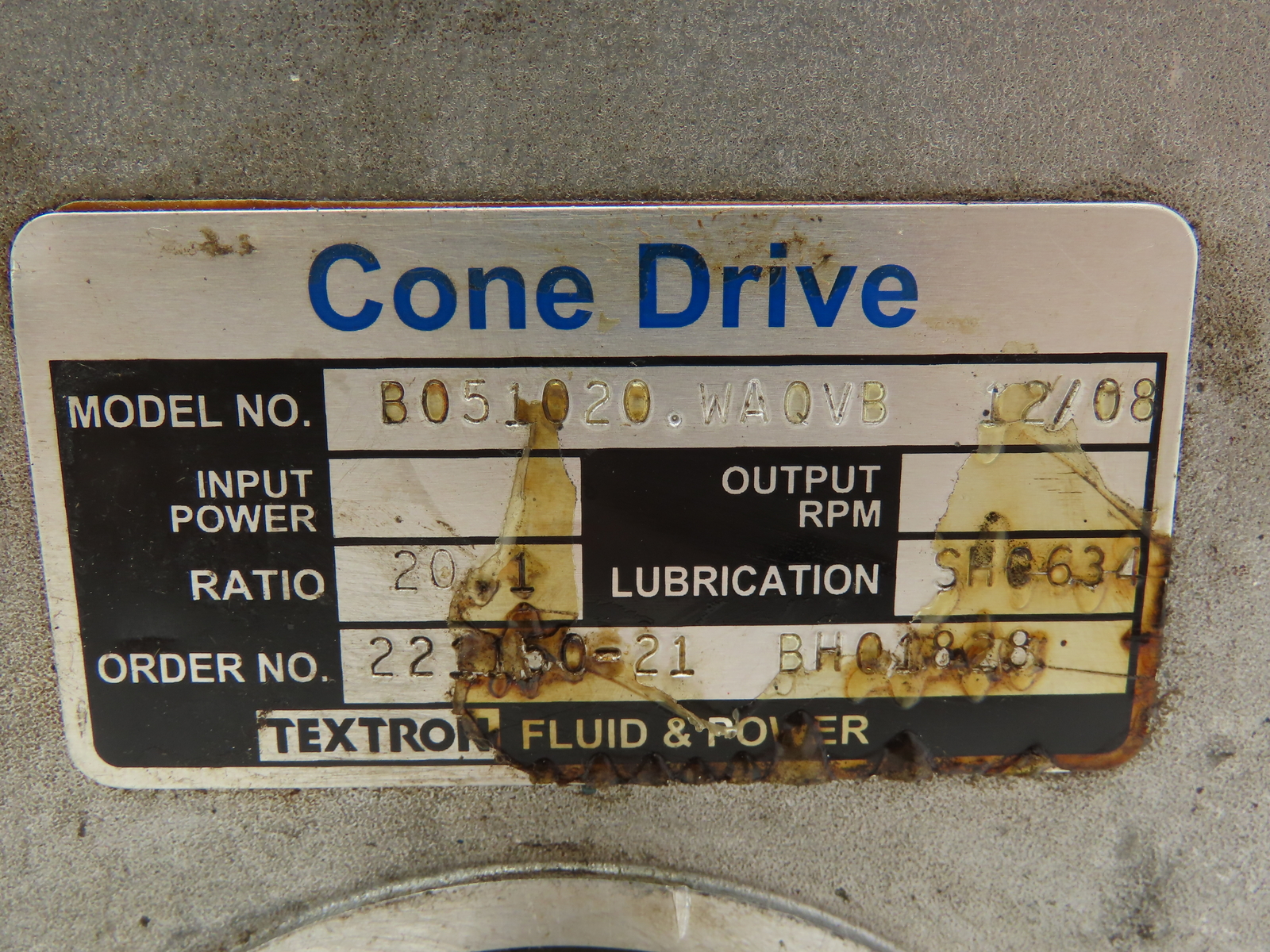 Cone Drive B051020.WAQVB Gear Reducer 20:1 Ratio 1"RH Sh. w/Inverter Drive Motor