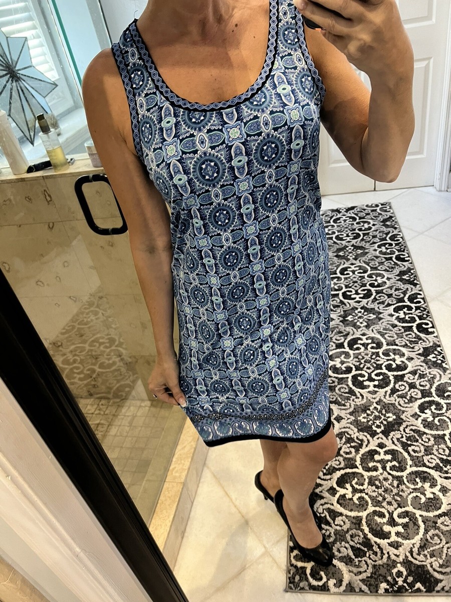 max studio mesh sleeveless maxi dress Max Studio Blue Knit Print Keyhole Back Stretch Sleeveless Dress L