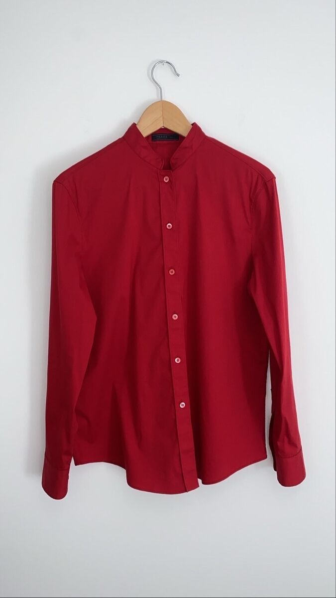Prada Archive Spring 1997 Red Chinoiserie Mao Collar Shirt Prada Archive Spring 1997 Red Chinoiserie Mao Collar Shirt