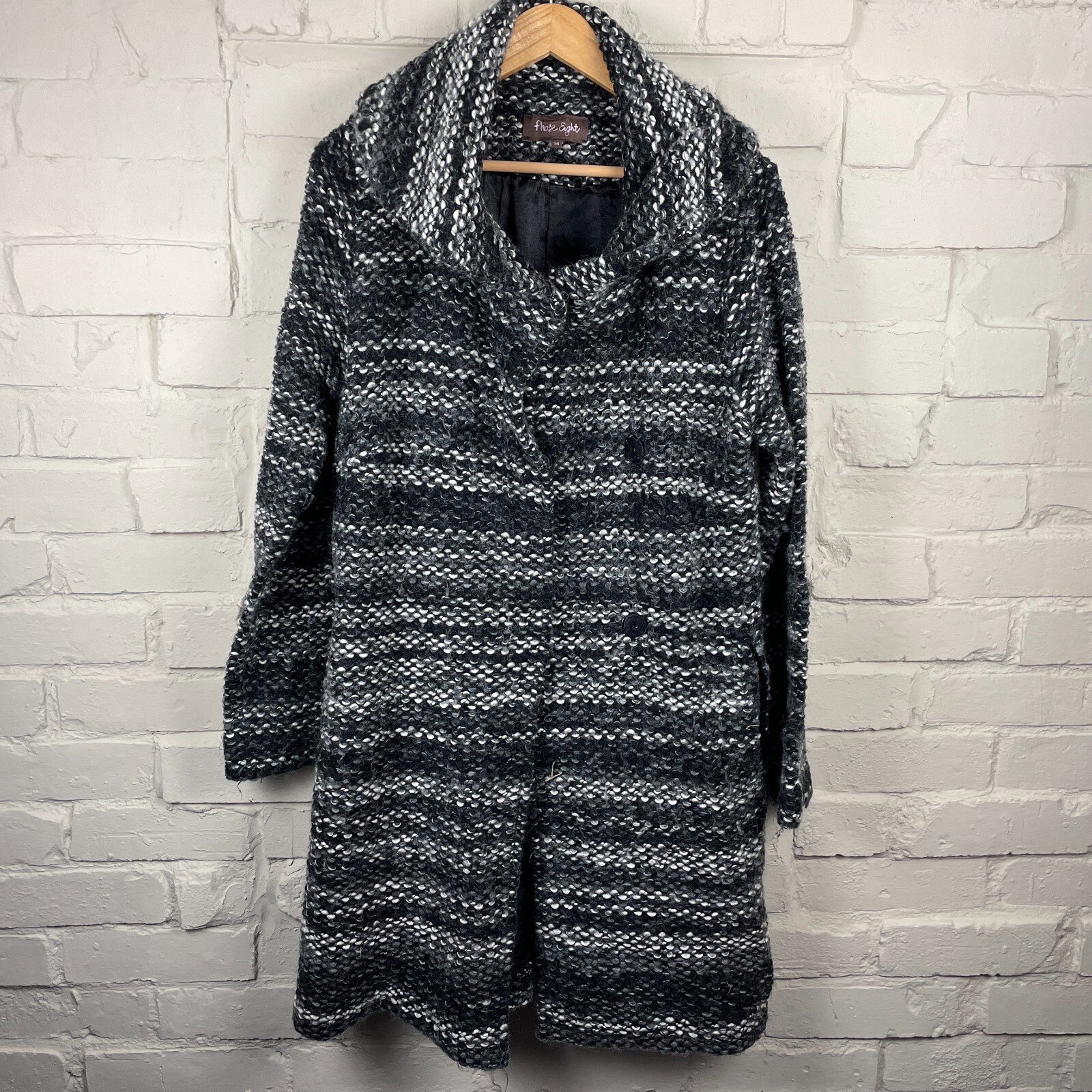 Phase Eight Coat Womens Size UK 14 Grey Popper Up Tweed Black White Wool Blend