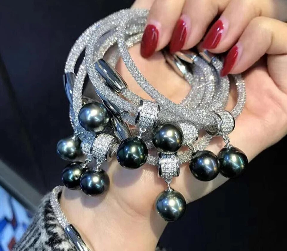 Gorgeous HUGE AAAAA 11-12mm south sea Black Green ROUND pearl Bracelet 925s - Image 3 of 4