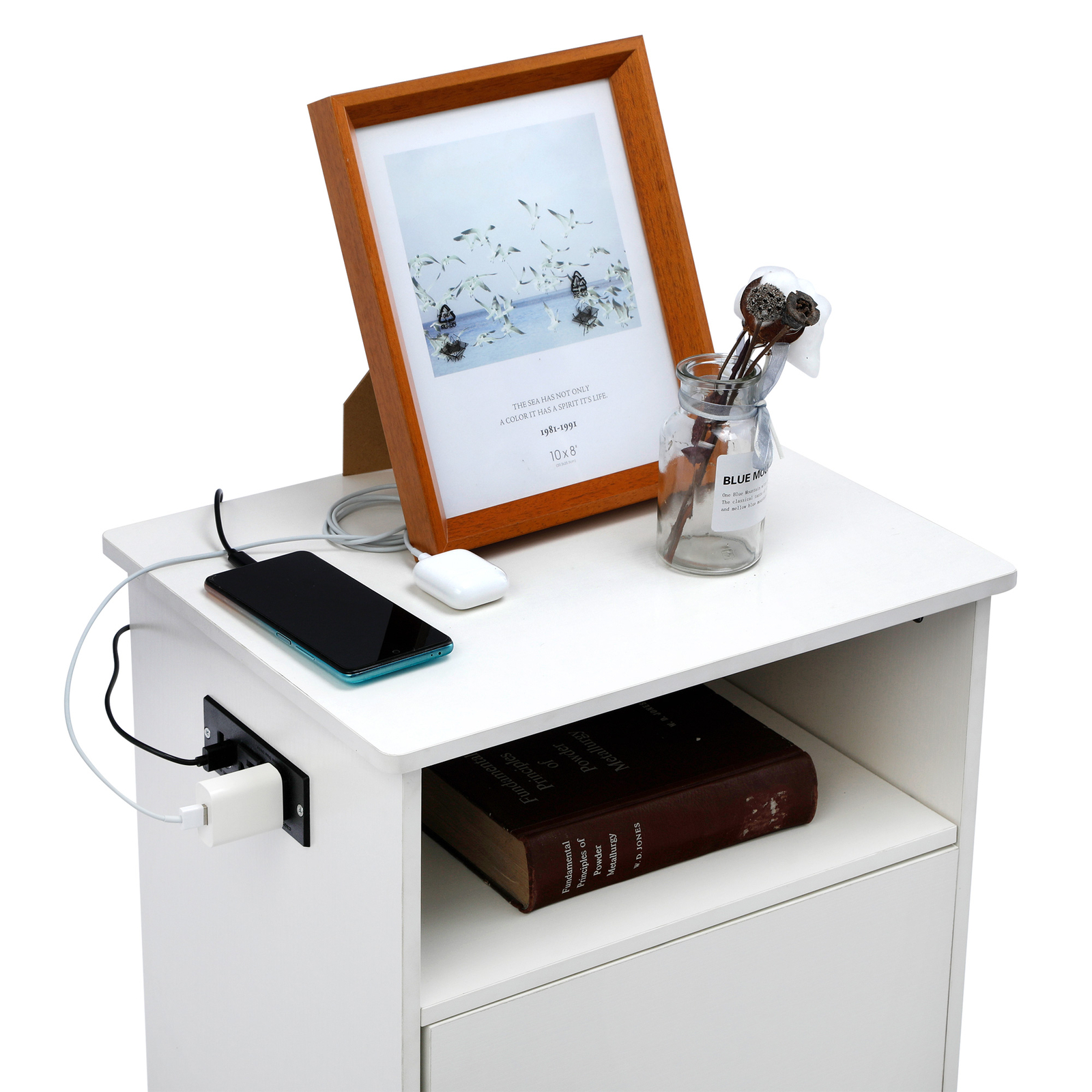 TCHOMENY White Nightstand w/USB+ Charging Ports Wood Side End Table