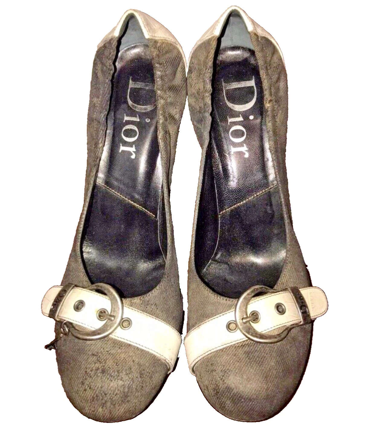 Escarpins à boucle argent logo Christian DIOR en denim gris détressé talons taille 40