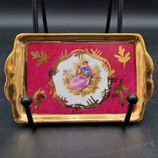 Fitz and Floyd Hand Painted Burgundy & Gold Vanity Perfume Trinket Tray