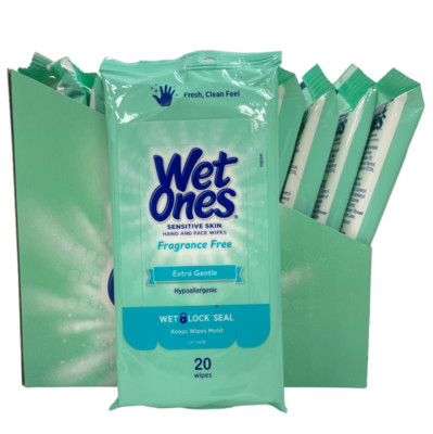Wet Ones Sensitive Skin Hand & Face Wipes Extra Gentle 10 Packs x (20 Wipes) ea