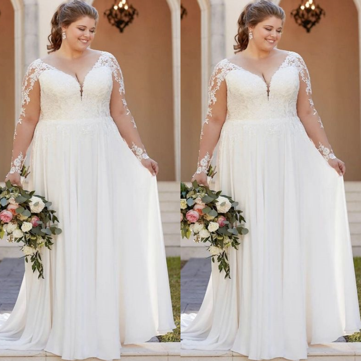 V Neck Wedding Dresses Beach Chiffon Plus Size Long Sleeves New Bridal Gowns