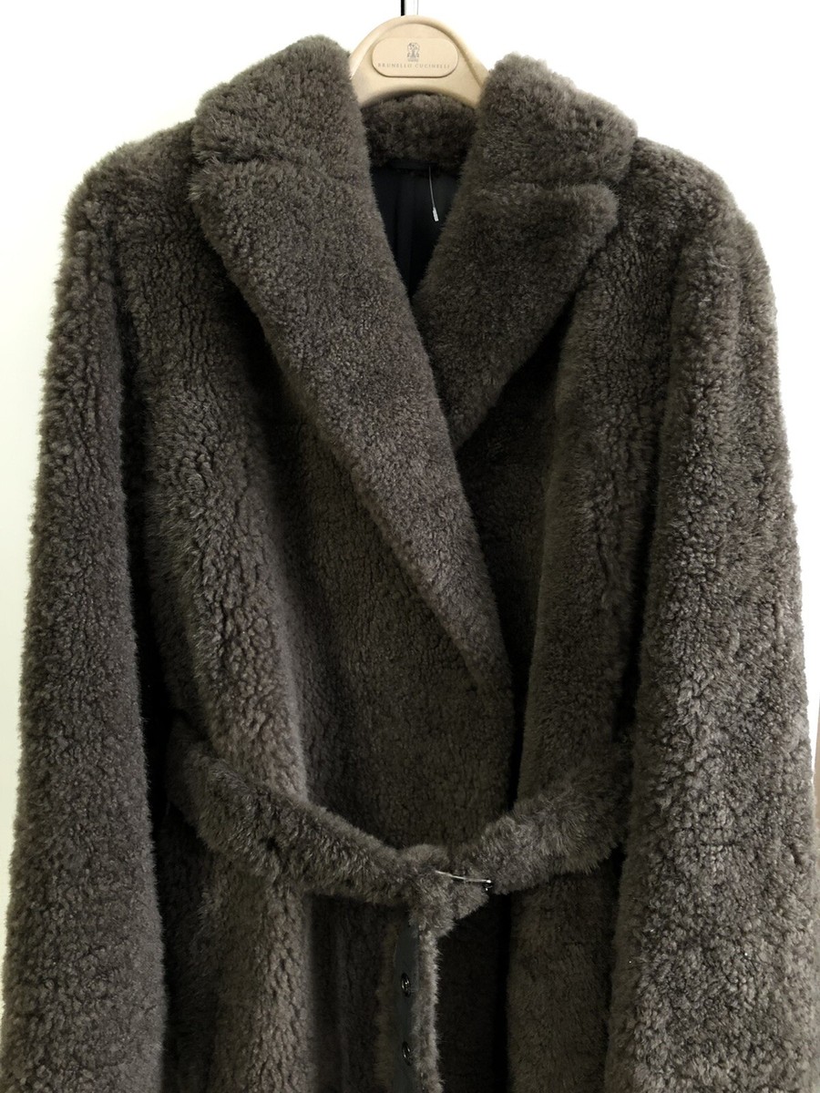 BRUNELLO CUCINELLI Belted Goat-fur single-breasted coat IT:42 MRSP
