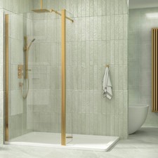 Image of Brushed Brass Walk In Wet Room Shower Enclosure Screen with Flipper Panel Glass
