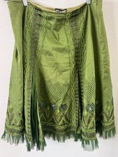 Olive Green Boho Fairycore Beaded and Embroidered Pleated Knee Length Skirt with