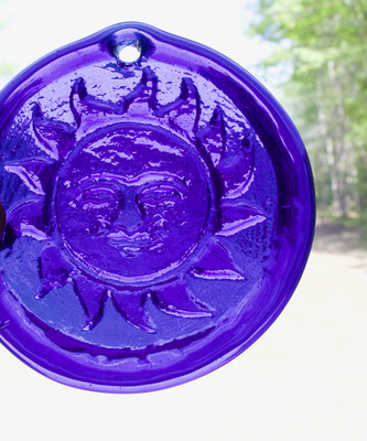 Vintage Round Cobalt Blue Pressed Glass Smiling Sun Sol Suncatcher Medallion
