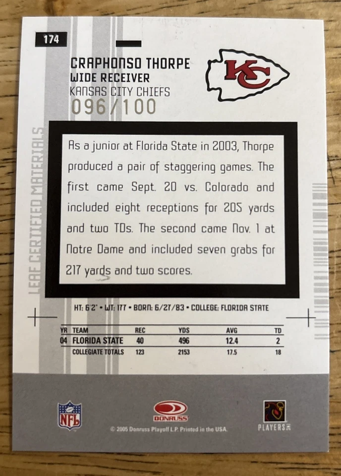 2005 Leaf Certified Materials New Generation Craphonso Thorpe #174 /100 Auto RC - Image 2 of 2
