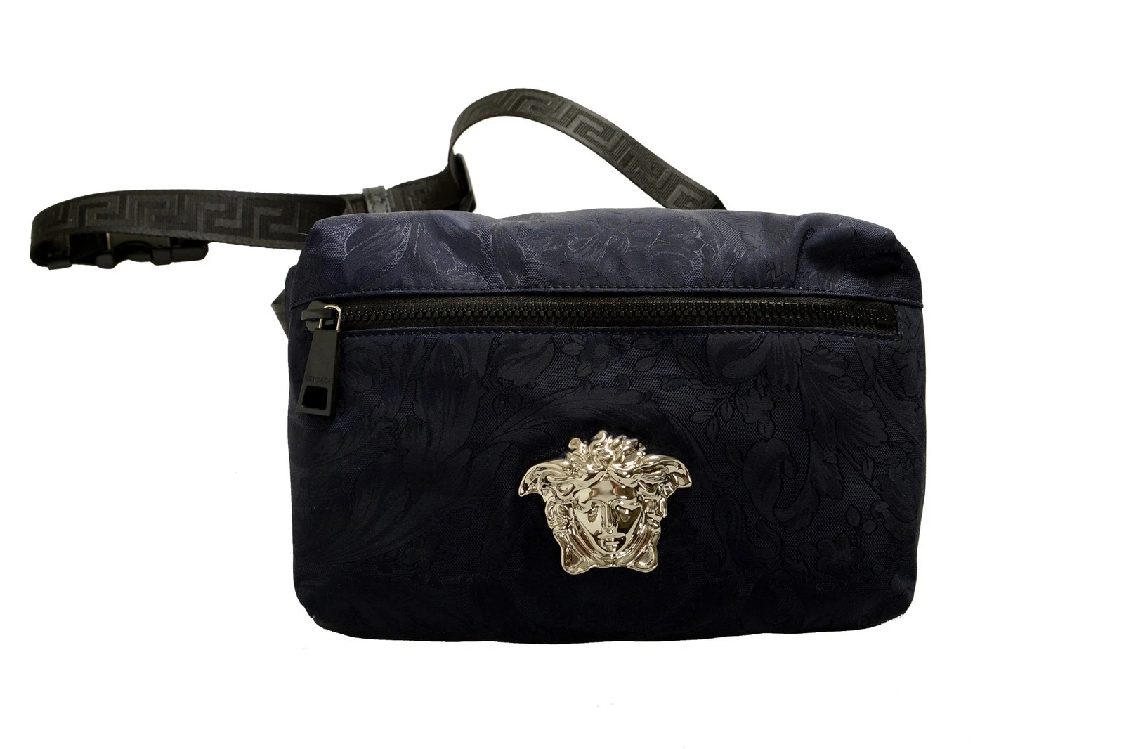 Versace — Versace Navy Heritage Print Silver Medusa Fabric & Leather Belt Fanny Pack Bag