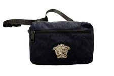 Versace Navy Heritage Print Silver Medusa Fabric  Leather Belt Fanny Pack Bag