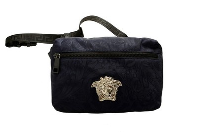 Versace Navy Heritage Print Silver Medusa Fabric & Leather Belt Fanny Pack Bag