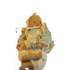 Cloth Girl Baby Doll Light Complexion Brown Eyes Blonde Hair Blue Dress  Bonnet
