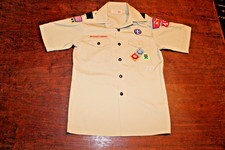 Boy Scouts of America BSA Youth Shirt Tan Large Sewn Patches Short Sleeve