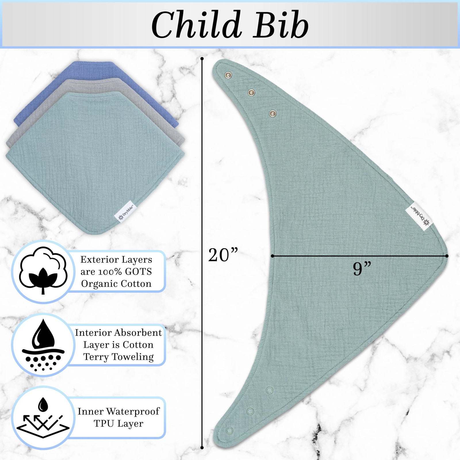 Bandana Bibs with 3 Waterproof Lining Organic Cotton Drool Bibs for Adults an...